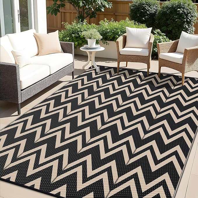 OLANLY Waterproof Outdoor Rug 9x12 ft Clearance, Reversible Outdoor Plastic Straw Rug, RV Mat, Indoor Outdoor Carpet for Patio, Camping, Balcony, Deck, Backyard, Black & Beige