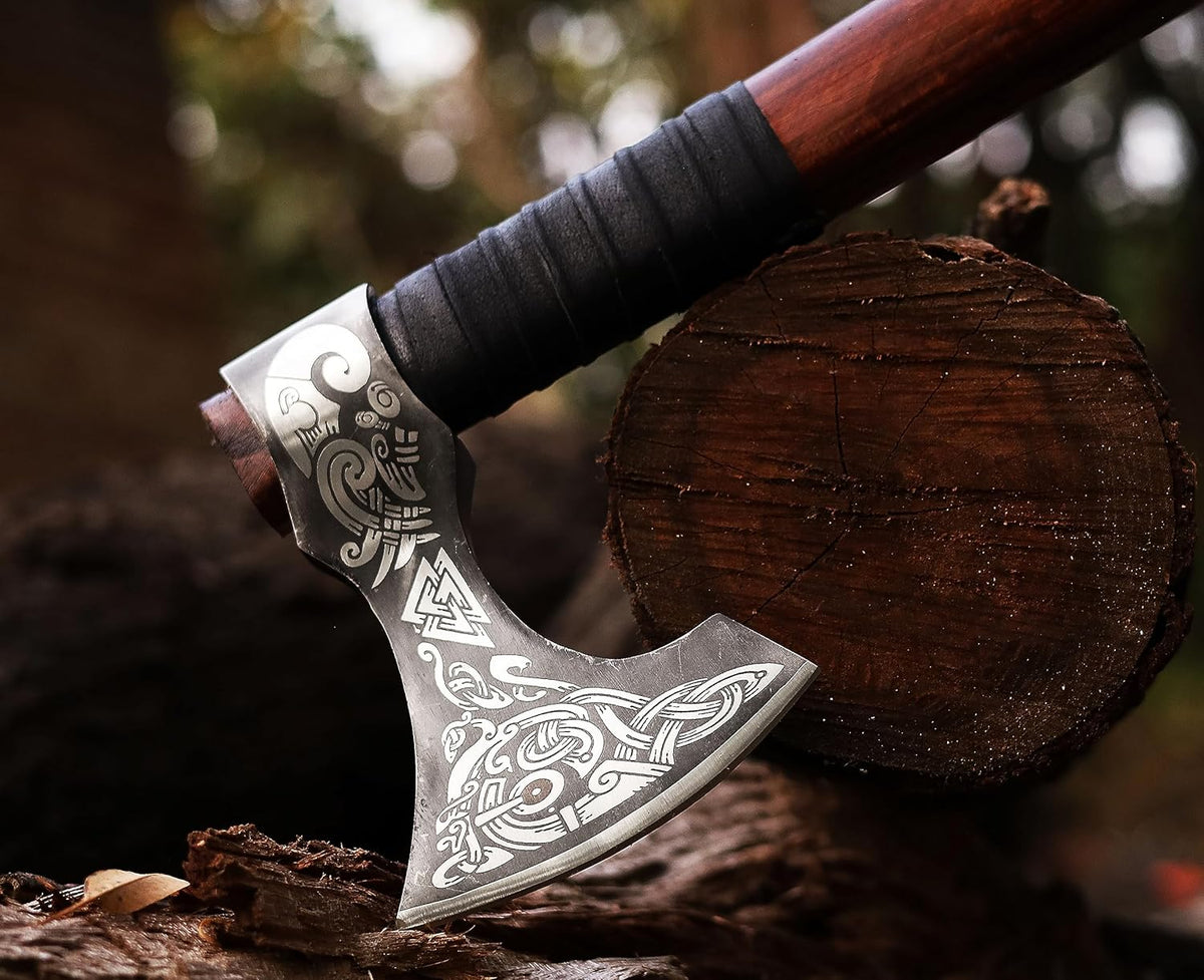 Viking Axe | 18" Carbon Steel Throwing Hatchet with Ash Wood Handle & Leather Sheath | Etched Norse Design, Functional & Collectible Gift(WCA-017)