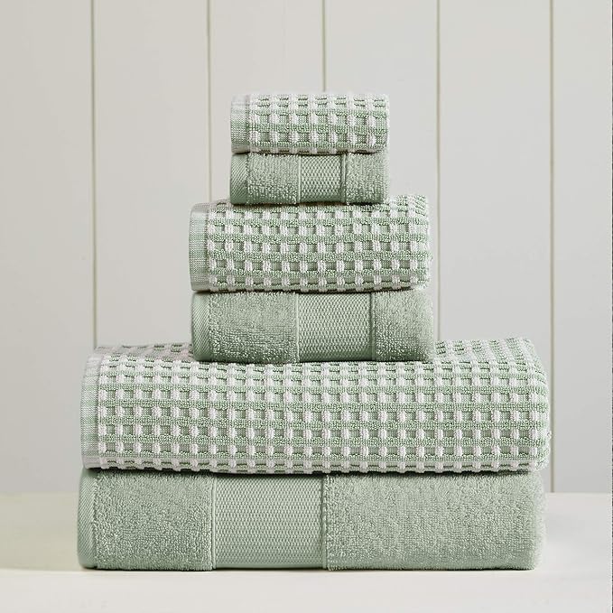 Modern Threads 6-Piece 100% Combed Cotton Yarn Dyed Cobblestone Jacquard Towel Set Mineral Green