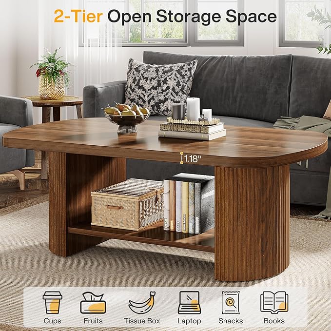 Tribesigns Oval Coffee Table, Mid-Century 2-Tier Coffee Table with Storage Shelf, Modern 45.27" Accent Center Table with Wooden Dual Base for Living Room Bedroom Apartment (Rustic Brown)