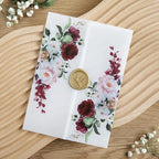 PONATIA 50 PCS Vellum Jackets for 5x7 Invitations- 135gsm Burgundy Floral Printed Vellum Sleeves, Quinceanera Wedding Invitation Cards Wraps