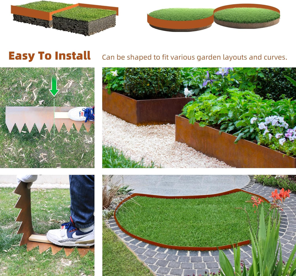 Solution4Patio 8-Pack Corten Steel Garden Landscape Edging with 9X Clips, 10" H Hammer-in Heavy Duty Bendable Metal Pre-Rusted Border Edging Strips for Lawn, Yard (26ft Total)