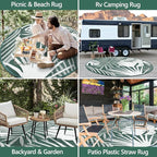 Waterproof Outdoor Rug 6x6 ft, Reversible Plastic Straw Mat with Leaf Pattern, Round Floor Mat for Patio, Camping, Picnic, Backyard RV, Deck, Dark Green