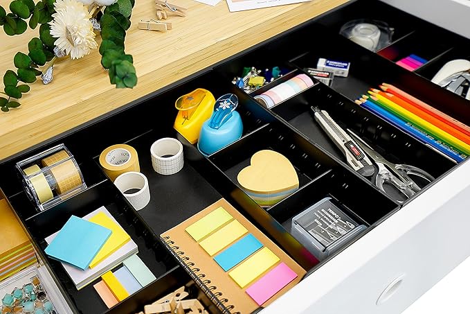 CAXXA 3 Slot Drawer Organizer with 4 Adjustable Dividers - Junk Drawer Storage for Makeup & Vanity, Office Desk Supplies and Accessories (BLACK, 1 PACK)