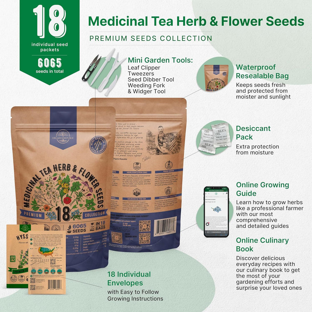 18 Medicinal Tea Herb & Flower Seeds Variety Pack - 6,100+ Non-GMO Heirloom Flower Seeds for Outdoor and Indoor Home Gardening, Including Anise, Borage, Catnip, Chamomile, Dandelion, Lavender, Sage