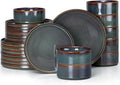 E-far 24-Piece Stoneware Dinnerware Sets, Plates and Bowls Sets for 8, Kitchen Modern Dinning Porcelain Dishes Set, Chip & Scratch Resistant, Dishwasher & Microwave Safe, Blackish Green
