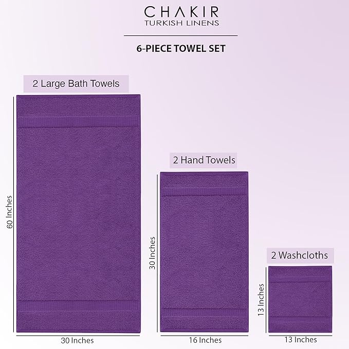 Chakir Turkish Linens 100% Cotton Premium Turkish Towels for Bathroom, 2 Large Bath Towels, 2 Hand Towels, 2 Washcloths (6-Piece Towel Set, Eggplant)