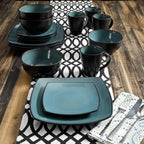Gibson 99813.16R Elite Soho Lounge 16 Piece Reactive Glaze Dinnerware Set, Teal/Black Tutone