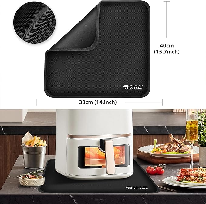 Heat Resistant Mat for Air Fryer Site - 15.7 x 14.9in, Fireproof Silicone Mats for Kitchen Counter, Countertop Protector, Non-slip & Waterproof for Deep Fryer, Oven, Coffee machine (Black)