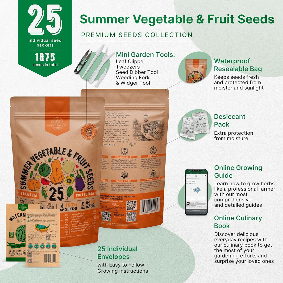 25 Summer Vegetable & Fruit Seeds Variety Pack - 1,870+ Non-GMO Heirloom Veggie & Fruits Seeds for Outdoors and Indoor Home Gardening, Including Collards, Tomato, Pepper, Okra, Onion, Bean, Cucumber