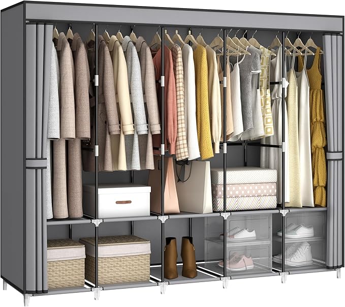 83 Inch Wide Portable Closet Wardrobe, Clothes Storage Rack Organizer with Cover, 5 Clothes Hanging Rods and 10 Storage Shelves, Grey