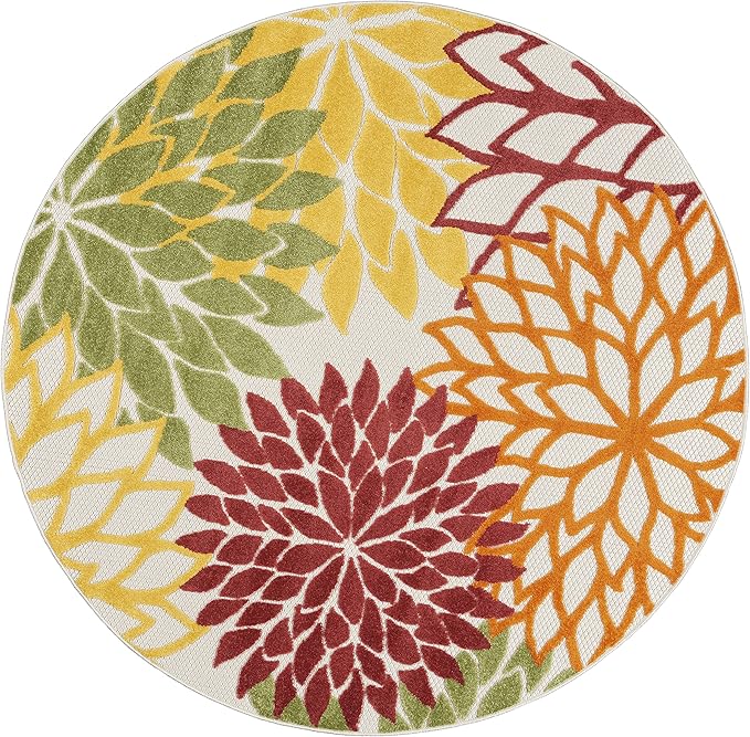 Nourison Aloha Indoor/Outdoor Red Multi Colored 4' x Round Area Rug, Tropical, Botanical, Easy Cleaning, Non Shedding, Bed Room, Living Room, Dining Room, Deck, Backyard, Patio (4 Round)