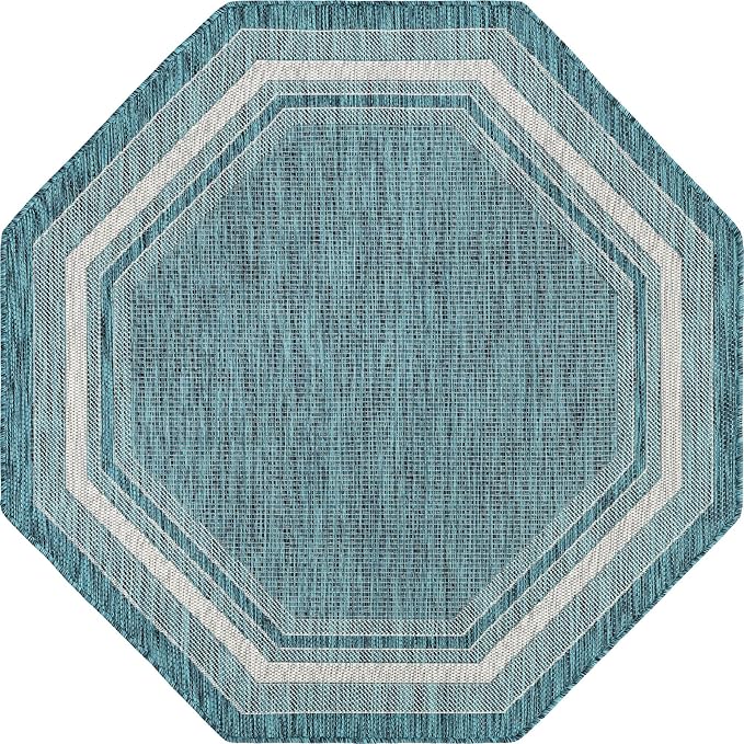 Unique Loom Outdoor Border Collection Area Rug - Soft Border (5' 1" Octagon, Teal/ Ivory)