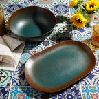 Bloomhouse Palermo Sun 2 Piece Serving Bowl and Oval Platter Stoneware Reactive Glaze Serveware Set - Agave Blue