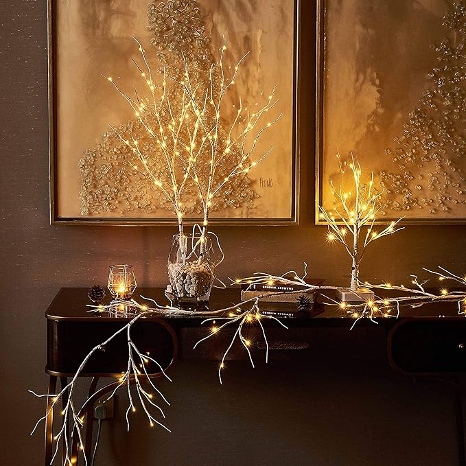 Hairui Birch Garland with Lights 6FT 48 LED Battery Operated, Lighted Twig Vine with Timer for Christmas Home Fireplace Decoration Indoor Outdoor Use