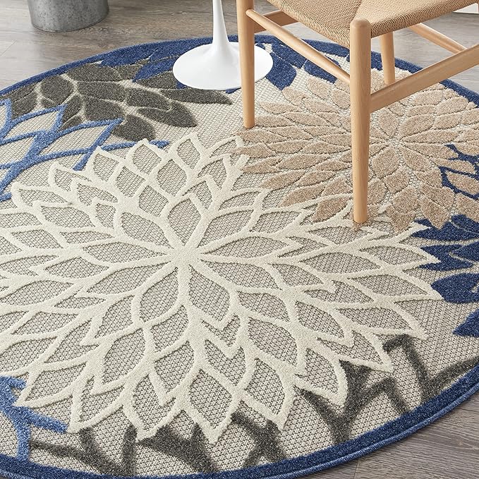 Nourison Aloha Indoor/Outdoor Blue/Multicolor 4' x Round Area Rug, Tropical, Botanical, Easy Cleaning, Non Shedding, Bed Room, Living Room, Dining Room, Deck, Backyard, Patio (4 Round)