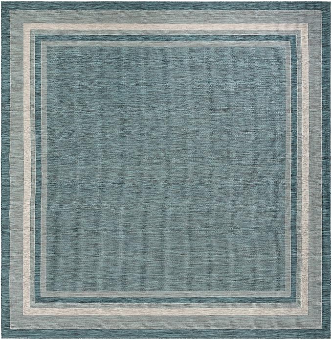 Unique Loom Outdoor Border Collection Area Rug - Soft Border (12' Square Teal/Ivory)
