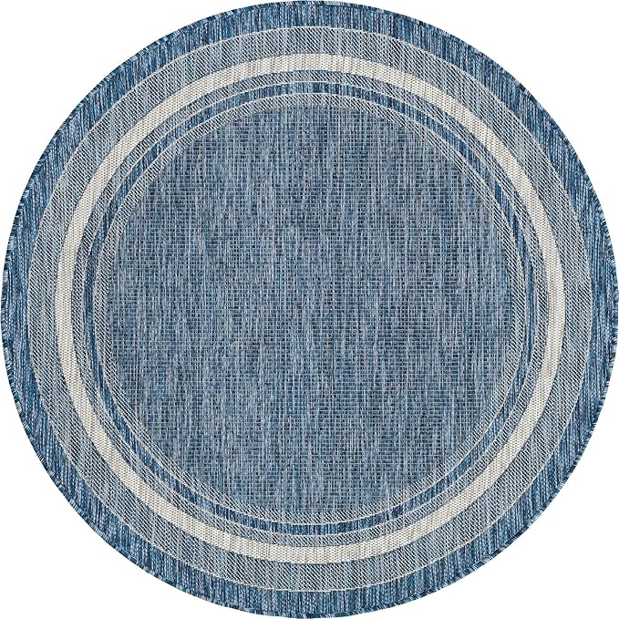 Unique Loom Outdoor Border Collection Area Rug - Soft Border (5' Round Blue/Ivory)