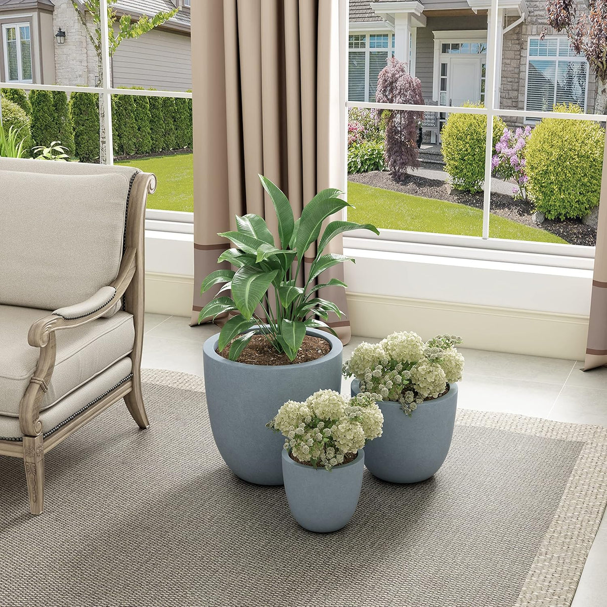Kante 18",14",10" Dia Concrete Round Planters (Set of 3), Outdoor Indoor Large Planter Pots with Drainage Hole and Rubber Plug for Home Patio Garden, Gray