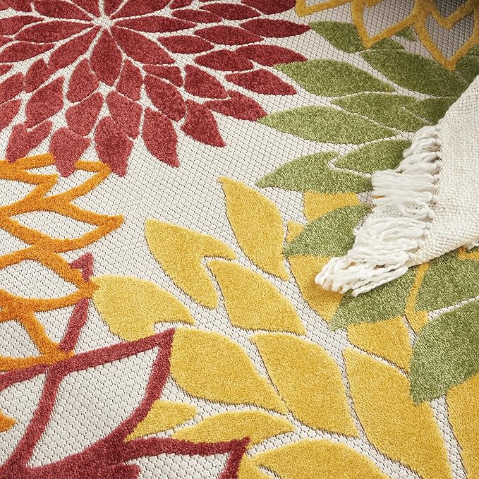 Nourison Aloha Indoor/Outdoor Red Multi Colored 4' x Round Area Rug, Tropical, Botanical, Easy Cleaning, Non Shedding, Bed Room, Living Room, Dining Room, Deck, Backyard, Patio (4 Round)