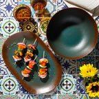 Bloomhouse Palermo Sun 2 Piece Serving Bowl and Oval Platter Stoneware Reactive Glaze Serveware Set - Agave Blue