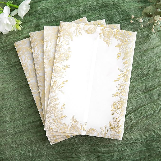 PONATIA 50 PCS Vellum Jackets for 5x7 Invitations- 135gsm Gold Foil Print Floral Printed Vellum Sleeves, Quinceanera Wedding Invitation Cards Wraps, Transparent Christmas Gift Cards Jackets