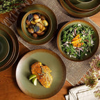Bloomhouse - Oprah's Favorite Things - Palermo Sun Double Bowl Stoneware Reactive Glaze Plates and Bowls Dinnerware Set - Cardamom Green, Service for Four (16pcs)
