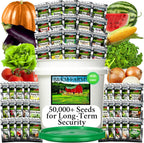 Survival Seed Vault: 50 Varieties, 50,000+ Non-GMO Heirloom Seeds - 5+ Year Supply in Secure Bucket + Growing Guide by B&KM Farms