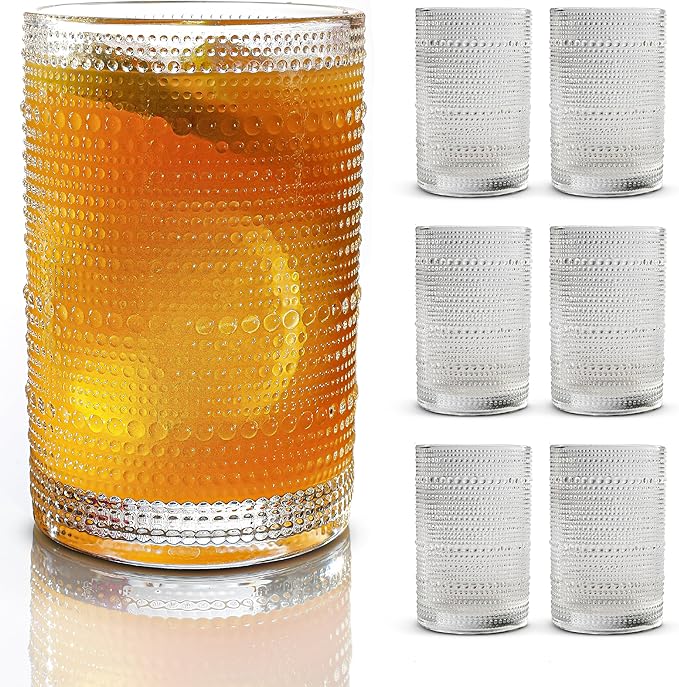 Hobnail Drinking Glasses, Vintage Glassware Set of 6, Vintage Drinking Glasses 16.2 oz, Bubble Glasses Drinking, Hobnail Glasses, Vintage Glass Cups, Jupiter Glasses for Juice, Soda, Beer, Whisky