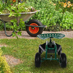 Sunnydaze Rolling Garden Cart with Seat - Garden Stool with Wheels and Adjustable 360-Degree Swivel Seat - Utility Tool Tray and Storage Basket - Green