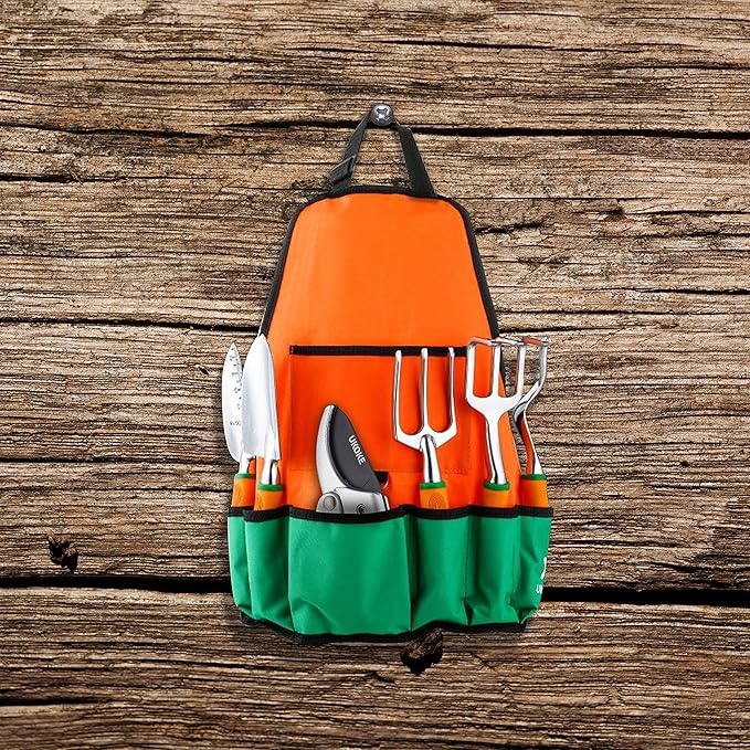 UKOKE Garden Tool Set, 12 Piece Aluminum Hand Tool Kit, Garden Canvas Apron with Storage Pocket, Outdoor Tool, Heavy Duty Gardening Work Set with Ergonomic Handle, Gardening Tools for women men
