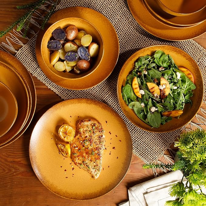 Bloomhouse Palermo Sun Double Bowl Stoneware Reactive Glaze Plates and Bowls Dinnerware Set - Tumeric Yellow, Service for Four (16pcs)