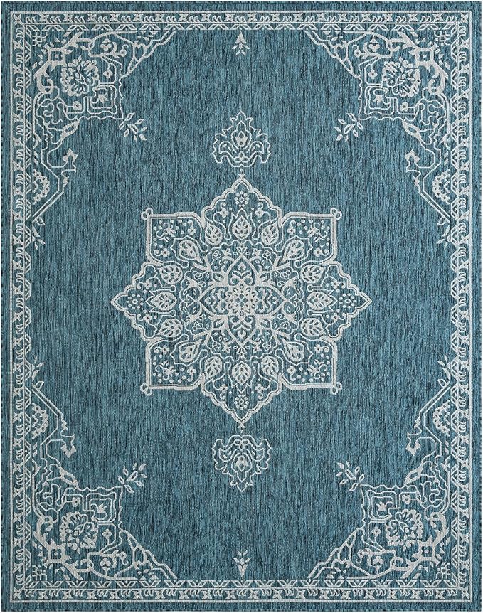 Unique Loom Outdoor Traditional Collection Area Rug - Antique (7' 10" x 10' Rectangle Teal/Ivory)