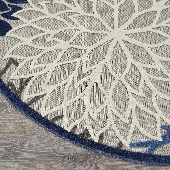 Nourison Aloha Indoor/Outdoor Blue/Multicolor 4' x Round Area Rug, Tropical, Botanical, Easy Cleaning, Non Shedding, Bed Room, Living Room, Dining Room, Deck, Backyard, Patio (4 Round)