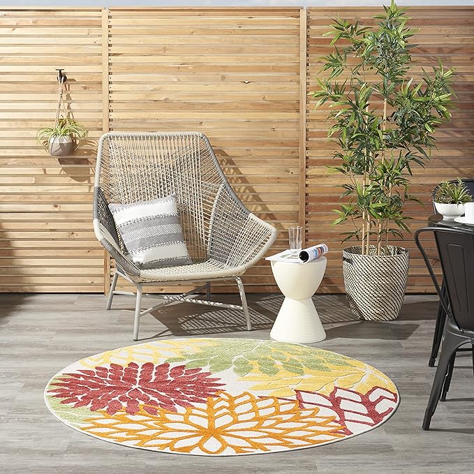 Nourison Aloha Indoor/Outdoor Red Multi Colored 4' x Round Area Rug, Tropical, Botanical, Easy Cleaning, Non Shedding, Bed Room, Living Room, Dining Room, Deck, Backyard, Patio (4 Round)