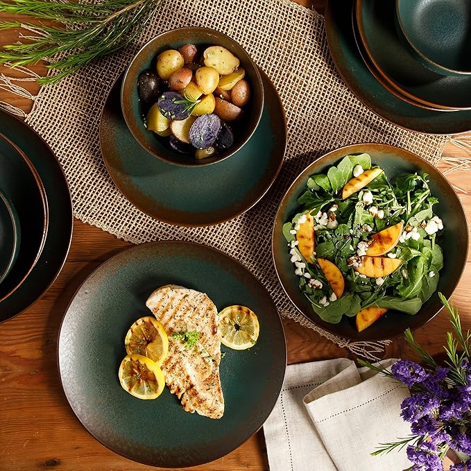 Bloomhouse - Oprah's Favorite Things - Palermo Sun Double Bowl Stoneware Reactive Glaze Plates and Bowls Dinnerware Set - Agave Blue, Service for Four (16pcs)