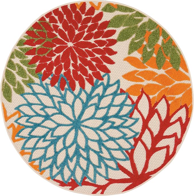 Nourison Aloha Indoor/Outdoor Green 5'3'' x Round Area-Rug, Tropical, Botanical, Easy-Cleaning, Non Shedding, Bed Room, Living Room, Dining Room, Deck, Backyard, Patio (5 Round)