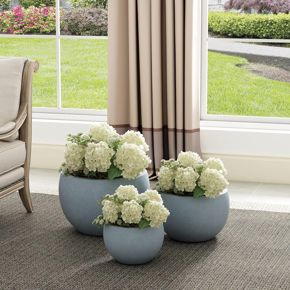 Kante 19.9",15.7",11.8" Dia Round Concrete Planter Set of 3, Outdoor/Indoor Large Bowl Plant Pots with Drainage Hole and Rubber Plug for Garden Patio Balcony Home, Gray
